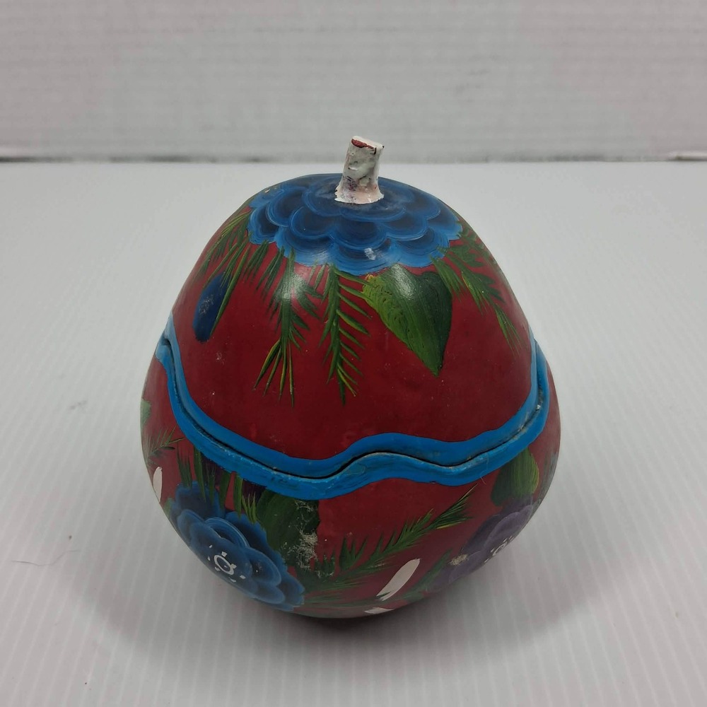 Hand Painted Floral Gourd Trinket Box Red Folk Art Decorative Lidded Container - Picture 3 of 8